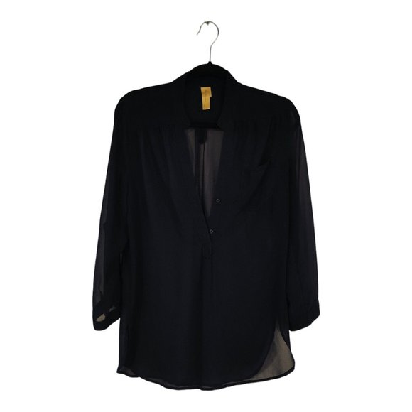 BEE STITCHED NAVY SHEER LIGHT WEIGHT POCKET BLOUSE SHIRT WOMENS SIZE LARGE L - Picture 1 of 10